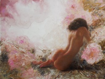 Painting "In the arms of flowers" by painter Anna Dobrodij oil fabric at Jose Art Gallery