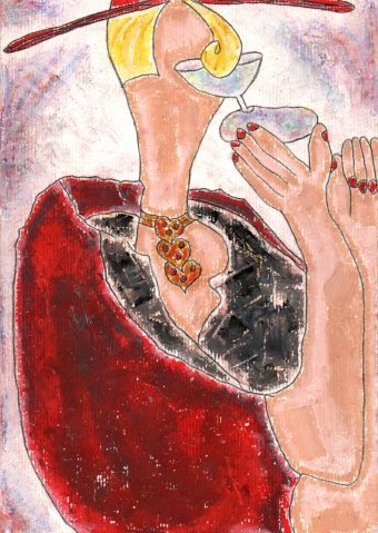 Pintura "La mujer sosteniendo la copa", pintor JackMichel pastel papel en Jose Art Gallery