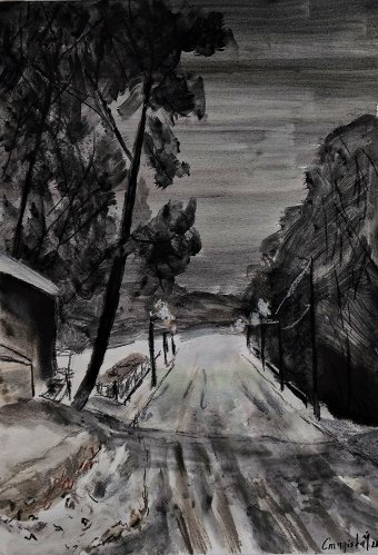 Graphique "Promenade nocturne", illustrateur Stanislav Bazylev pastel papier à la Jose Art Gallery
