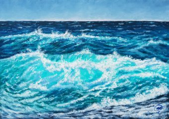 Painting "Turquoise Waves -Ocean Energy" by painter Iryna Fedarava oil wood at Jose Art Gallery
