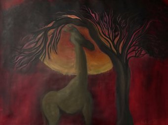 Acrílico atardecer: Jirafa en el resplandor oscuro