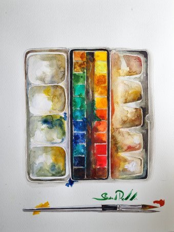 Painting "Working materials" by painter bernardino watercolor paper at Jose Art Gallery