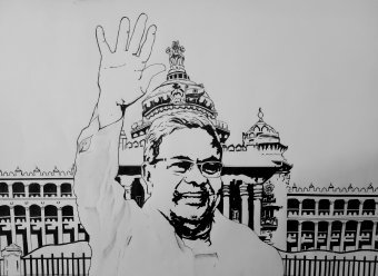 Drawing "Ritratto in controluce del Primo Ministro Siddaramaiah 2025" by illustrator P V HARSHAVARDHAN ink paper at Jose Art Gallery