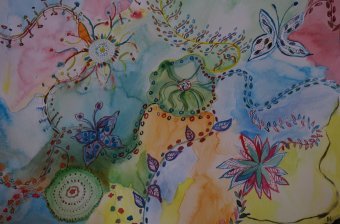 Painting "FLOWERS AND BUTTERFLIES" by painter Dagmara Wrona watercolor paper at Jose Art Gallery