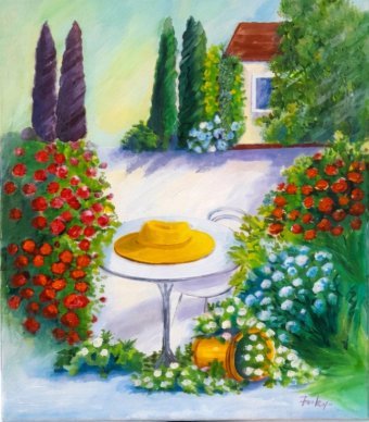 Painting "Afternoon in the Provence Garden: A Quiet Escape" by painter Fa Ley acrylic canvas at Jose Art Gallery