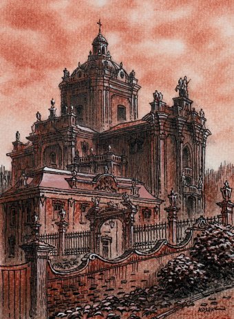 Drawing "Lviv. Igreja de São Jorge" by illustrator Vitaliy Kozak sanguine paper at Jose Art Gallery