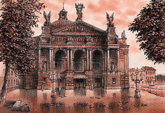 Drawing "Ópera de Lviv" by illustrator Vitaliy Kozak sanguine paper at Jose Art Gallery