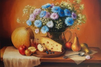 Painting "Melon with a taste of cheese" by painter alla voloshyna oil fabric at Jose Art Gallery