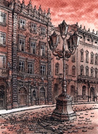 Drawing "Lviv. Praça do Mercado." by illustrator Vitaliy Kozak sanguine paper at Jose Art Gallery