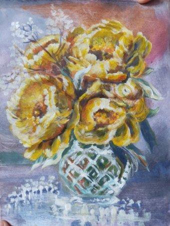 Painting "Yellow Peoneis In Crystal Vase" by painter Salome Goglidze gouache paper at Jose Art Gallery