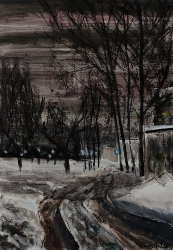 Graphique "Promenade nocturne - 2", illustrateur Stanislav Bazylev pastel papier à la Jose Art Gallery