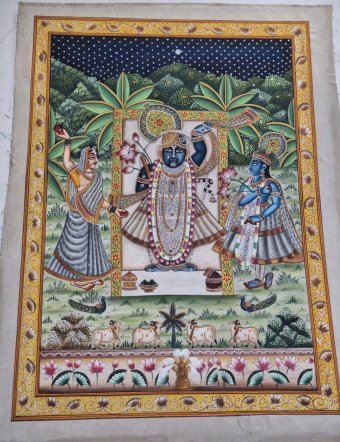 Painting "Shrinathji Painting with Gold Leaf" by painter Manish Vaishnav watercolor canvas at Jose Art Gallery