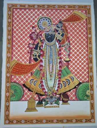 Painting "Shrinathji Pichwai Traditional Art" by painter Manish Vaishnav watercolor fabric at Jose Art Gallery