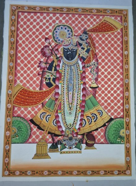 Additional view 1: Fine Art Religious Painting Shrinathji Pichwai Traditional Art by painter Manish Vaishnav watercolor fabric 