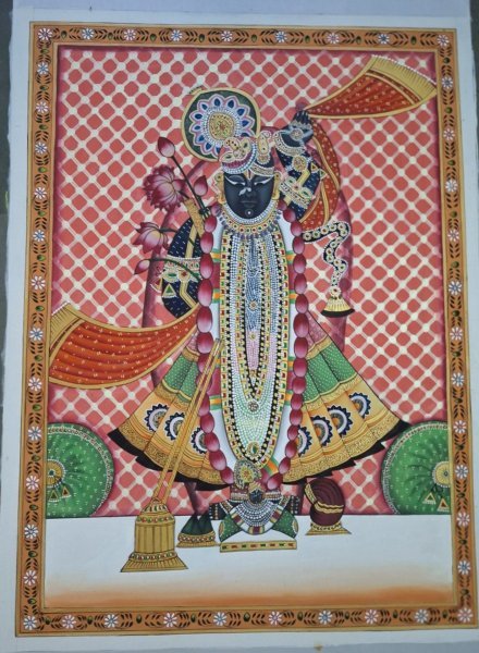 Additional view 2: Fine Art Religious Painting Shrinathji Pichwai Traditional Art by painter Manish Vaishnav watercolor fabric 