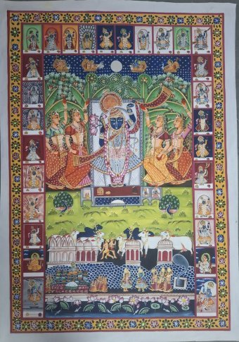 Painting "Sacred Traditions Shrinathji Pichwai Fine Art" by painter Manish Vaishnav watercolor fabric at Jose Art Gallery