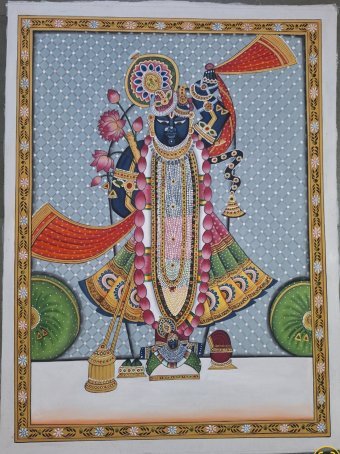 Painting "Handmade Shrinathji Pichwai Art" by painter Manish Vaishnav watercolor fabric at Jose Art Gallery