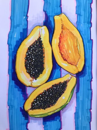Drawing "Papaya Kiss. Vibrant Tropical Still-Life" by illustrator Tatiana Kolosai mixed method paper at Jose Art Gallery