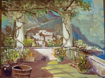 Painting "Capri Flower Terraces: Intense Colors in Southern Italy" by painter MauZach oil canvas at Jose Art Gallery