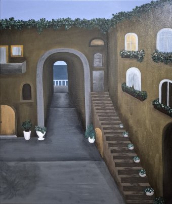 Painting "Cozy courtyard by the sea" by painter Yuliya Suhonosova acrylic canvas at Jose Art Gallery