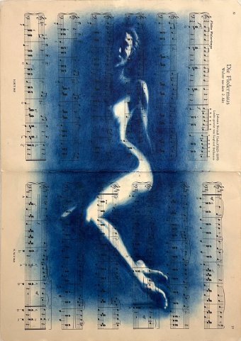 Painting "Muse №2- Cyanotype Style Nude" by painter Julia Shilo oil paper at Jose Art Gallery