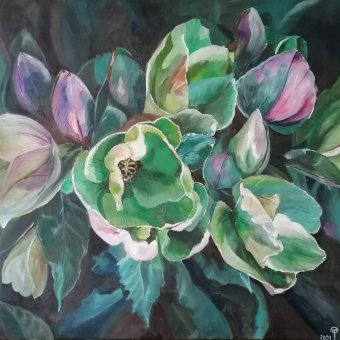 Painting "Green Nymphaea concept" by painter Tatiana Oskina oil canvas at Jose Art Gallery