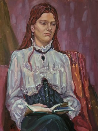 Painting "Portrait of a girl with a book" by painter Victor Pesterev oil canvas at Jose Art Gallery