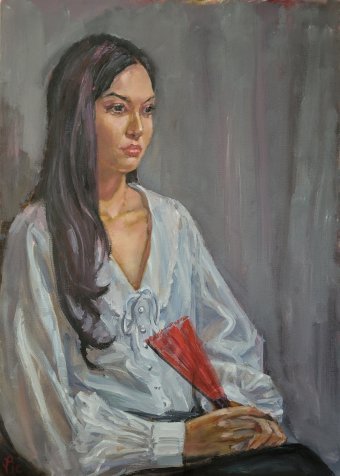 Painting "To the girls with red fans." by painter Victor Pesterev oil canvas at Jose Art Gallery