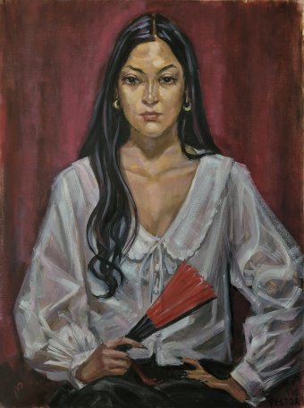 Painting "Fortune teller with a red fan of passion" by painter Victor Pesterev oil canvas at Jose Art Gallery