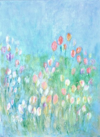 Painting "Tulip Symphony: Calm Pastel Elegance" by painter Aase Lind acrylic canvas at Jose Art Gallery