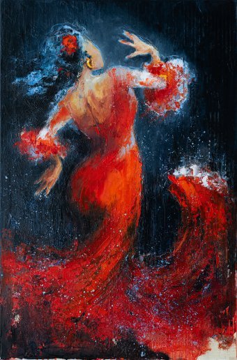 Painting "Crimson Goblin" by painter Anna Ravliuc oil canvas at Jose Art Gallery