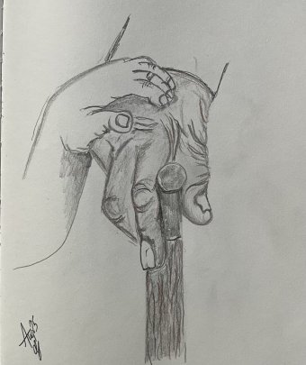 Graphique "Tenir la main de grand-père : un lien tendre", illustrateur Nomad crayon papier à la Jose Art Gallery