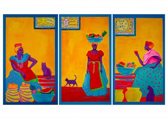 Triptych painting Viva La Cat