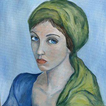 Painting "Woman in a Green Headscarf" by painter Irina Anis oil cardboard at Jose Art Gallery