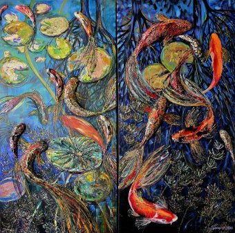 Painting "Dance of Koi in the Pond of Eternity" by painter Olena Rudnieva oil canvas at Jose Art Gallery