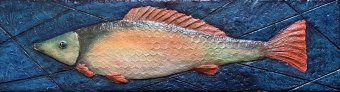 Painting "Red perka —sculpted fish relie" by painter Elena Kalmyk mixed method wood at Jose Art Gallery