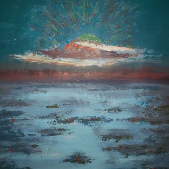 Painting "Sunrise on the Swamp: Fog and Tension" by painter Elmir Tatar acrylic canvas at Jose Art Gallery