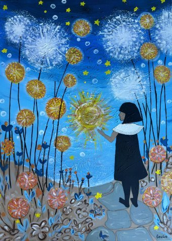 Painting "Los Toques del Sol" by painter Geula acrylic canvas at Jose Art Gallery
