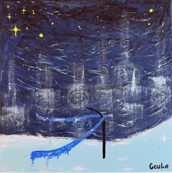 Painting "Blue Bow at Night" by painter Geula acrylic canvas at Jose Art Gallery