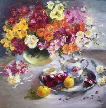 Painting "Chrysanthemum morning!" by painter Tatyana Rykova oil canvas at Jose Art Gallery