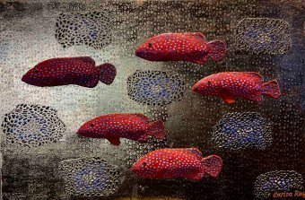 Painting "Red fish" by painter Larisa Ruy acrylic canvas at Jose Art Gallery