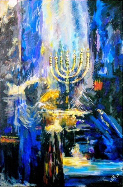 Additional view 2: Abstract Religious Drawing Light among shadows by illustrator Leon Katz acrylic canvas 