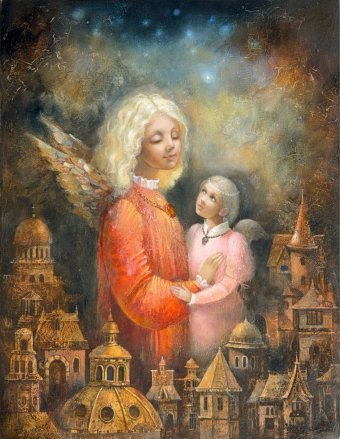 Pittura "Angelo Custode", pittore Olena Macegora olio tela alla Jose Art Gallery