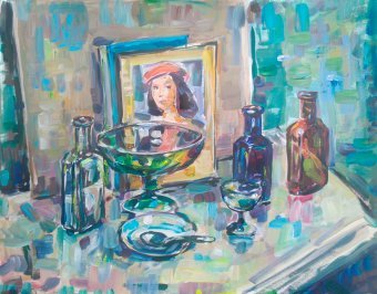 Painting "Green vase" by painter Vladyslav Kolomoiets acrylic cardboard at Jose Art Gallery