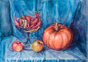 Painting "Pumpkin and Pepper" by painter Vladyslav Kolomoiets watercolor paper at Jose Art Gallery