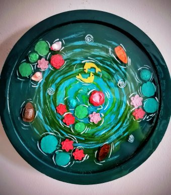 Painting "Handcrafted 3D Lotus Pond Art" by painter Pratibha Bilgi mixed method wood at Jose Art Gallery