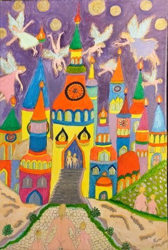 Pittura "LA NOTTE DEGLI ANGELI", pittore Manuela Minelli acrilico tela alla Jose Art Gallery