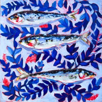 Painting "Sardines and Mediterranean Blue Harmony" by painter Oksana Shevchenko oil wood at Jose Art Gallery