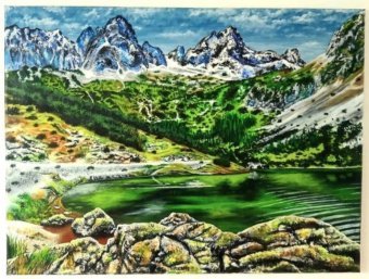 Pittura "Lago di montagna", pittore Valentin Kern acrilico tela alla Jose Art Gallery