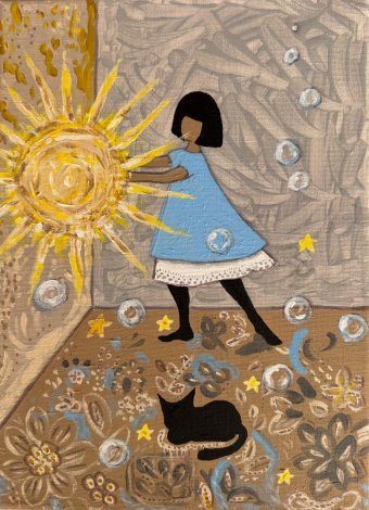 Painting "Sosteniendo el Sol" by painter Geula acrylic canvas at Jose Art Gallery